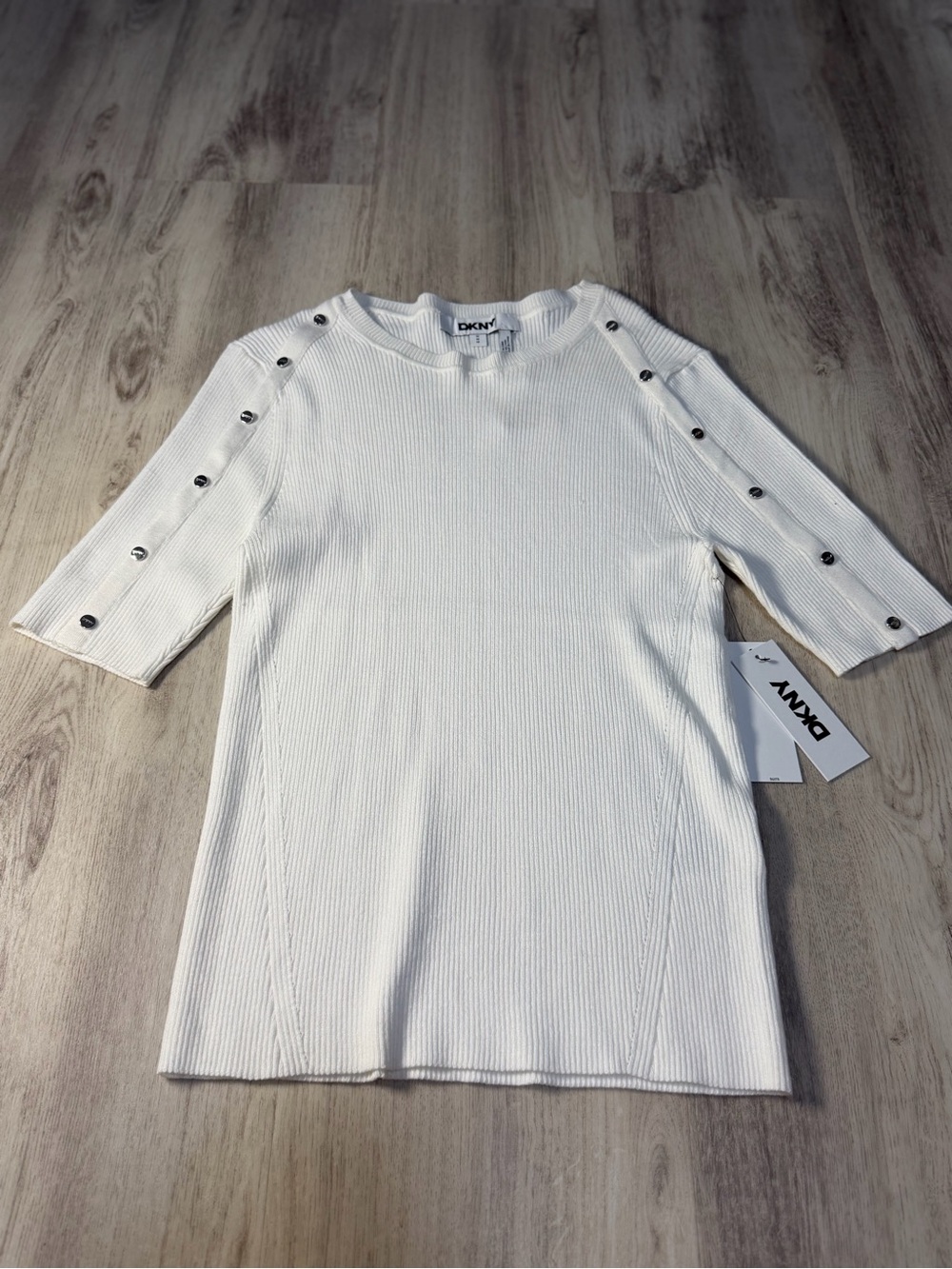DKNY White Ribbed Short-Sleeve Top with Button Trim
